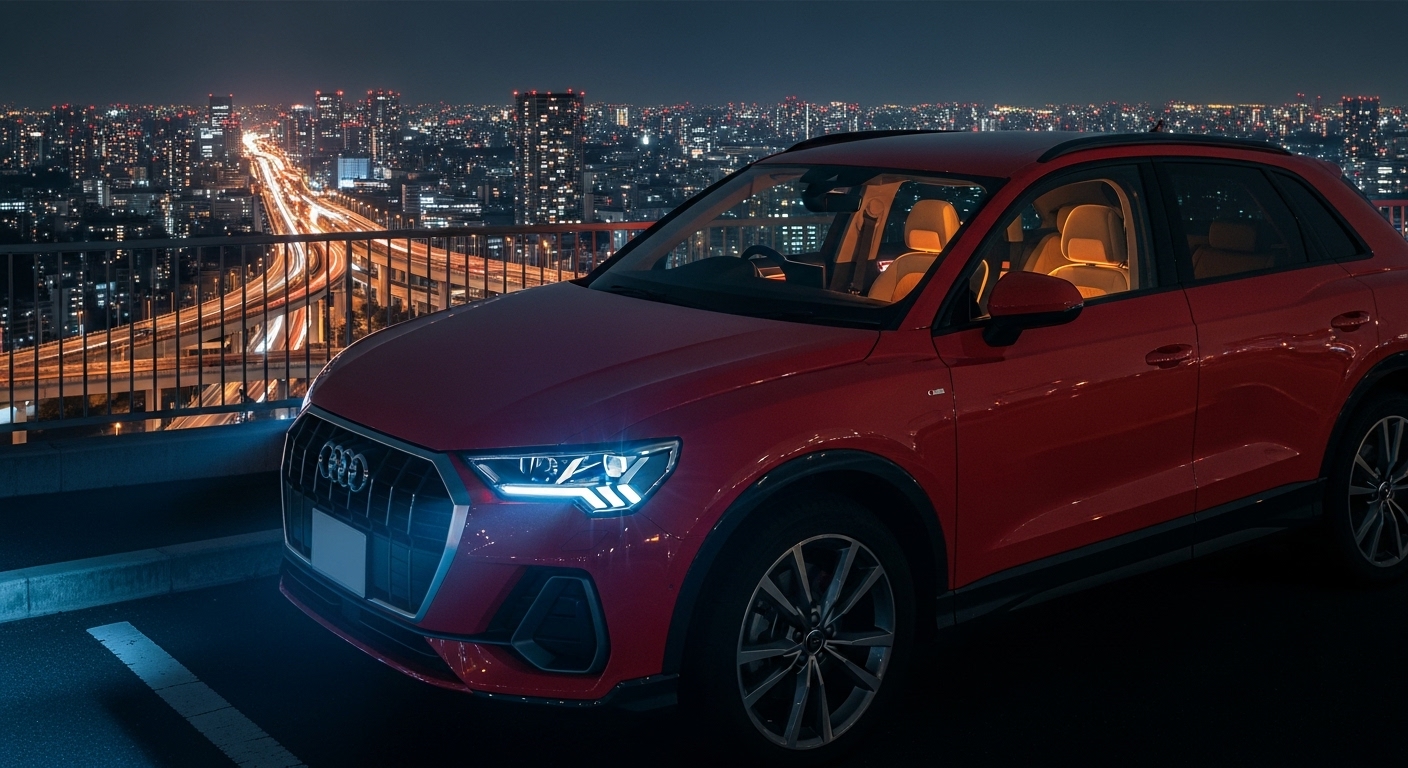 首都高の夜景を見下ろすパーキングに停車中のアウディ Q3