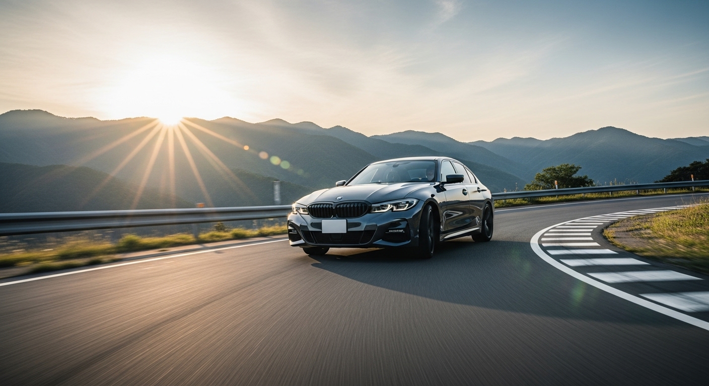 箱根ターンパイクのコーナーを攻めるBMW 3シリーズ