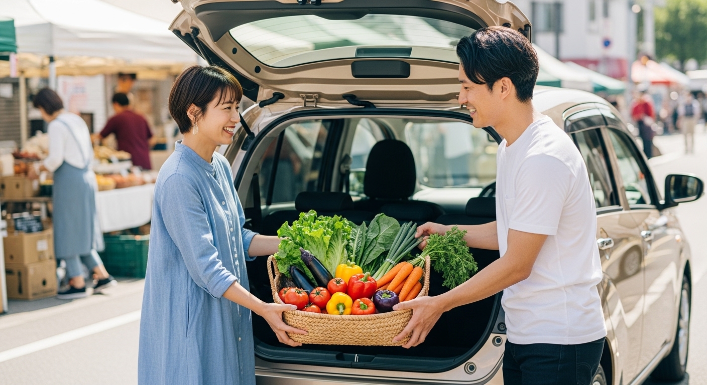朝の市場と買い物した多くの野菜をミライースのバックドアから搬入している若い日本人カップル