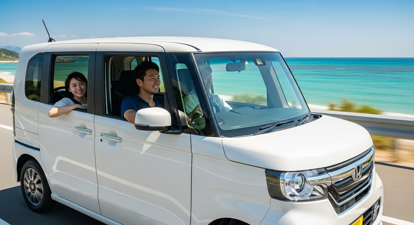 海岸線を走るN-BOXと乗車している若い家族