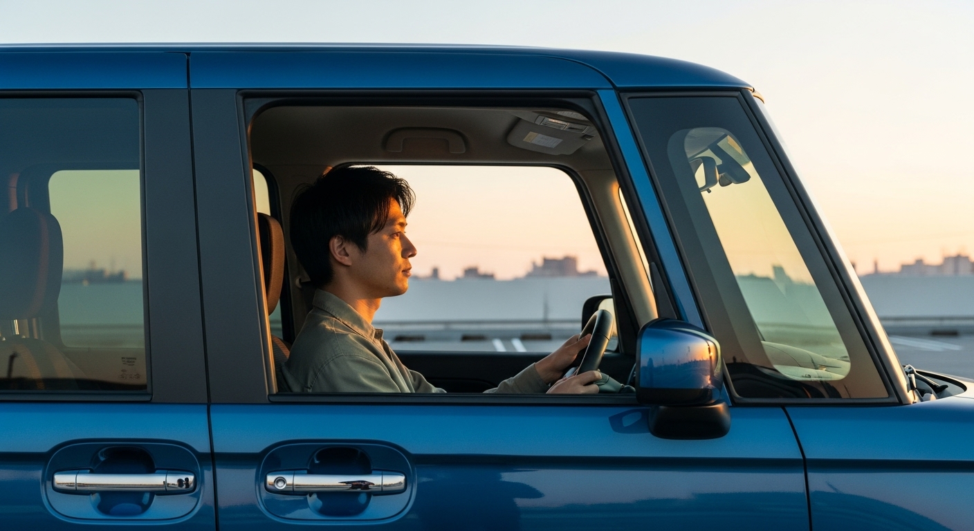 N-BOXの運転席側から中が見えるシーン。男性が運転している