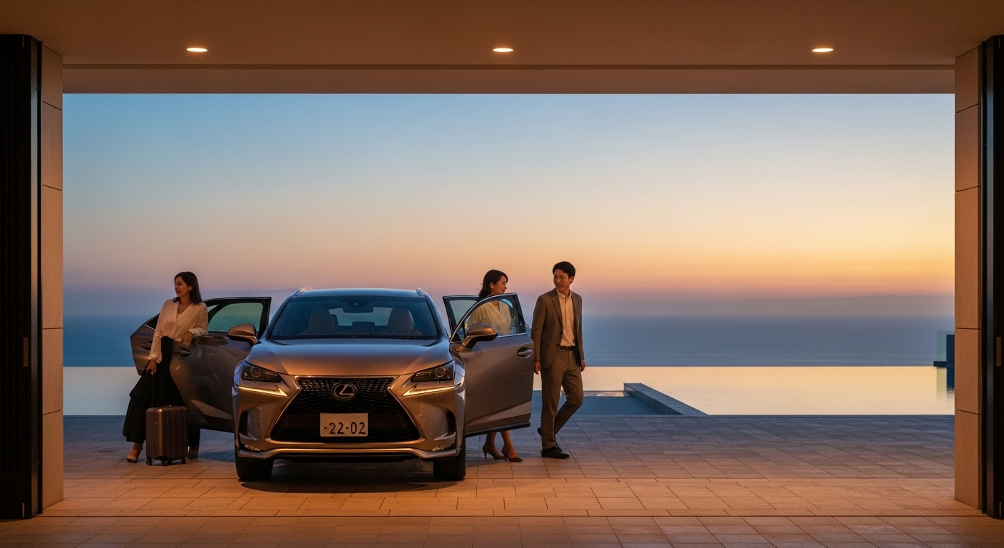夕暮れの高級リゾートホテルに到着したレクサスNXとカップル