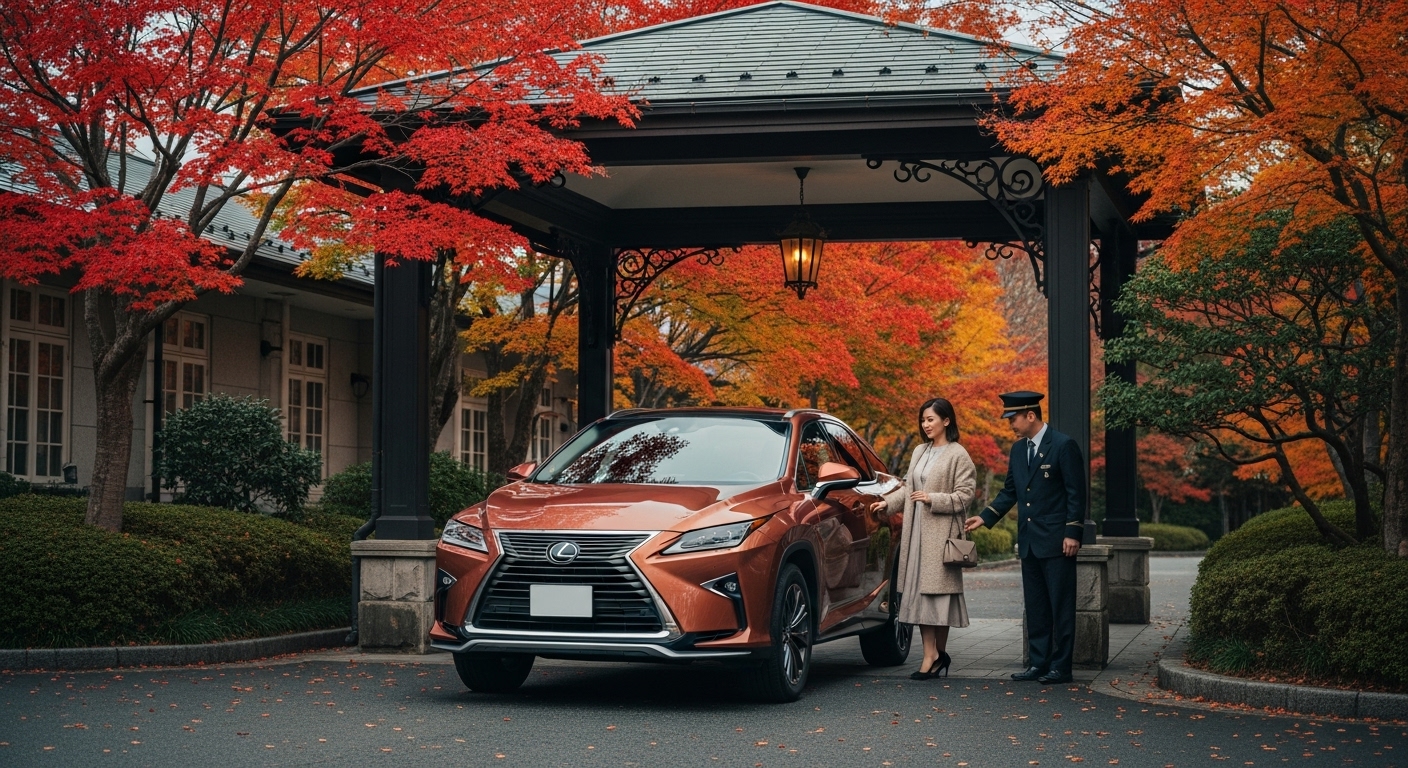 秋の軽井沢、クラシックホテルに到着したレクサスRXと女性