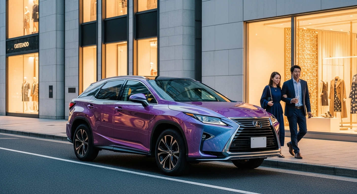 夜の表参道、レクサスRXのもとへ歩み寄る上品な夫婦