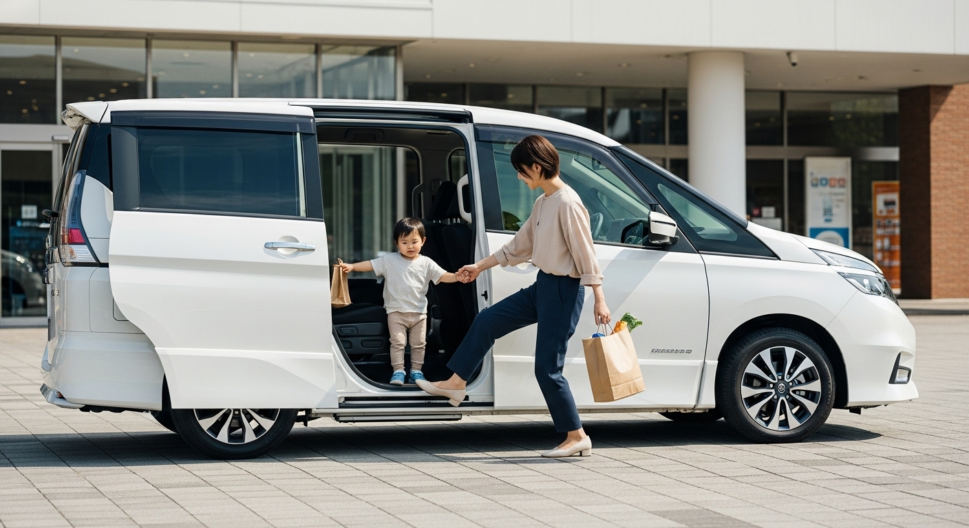 スーパー駐車場でハンズフリーオートスライドドアを使う母親と子供