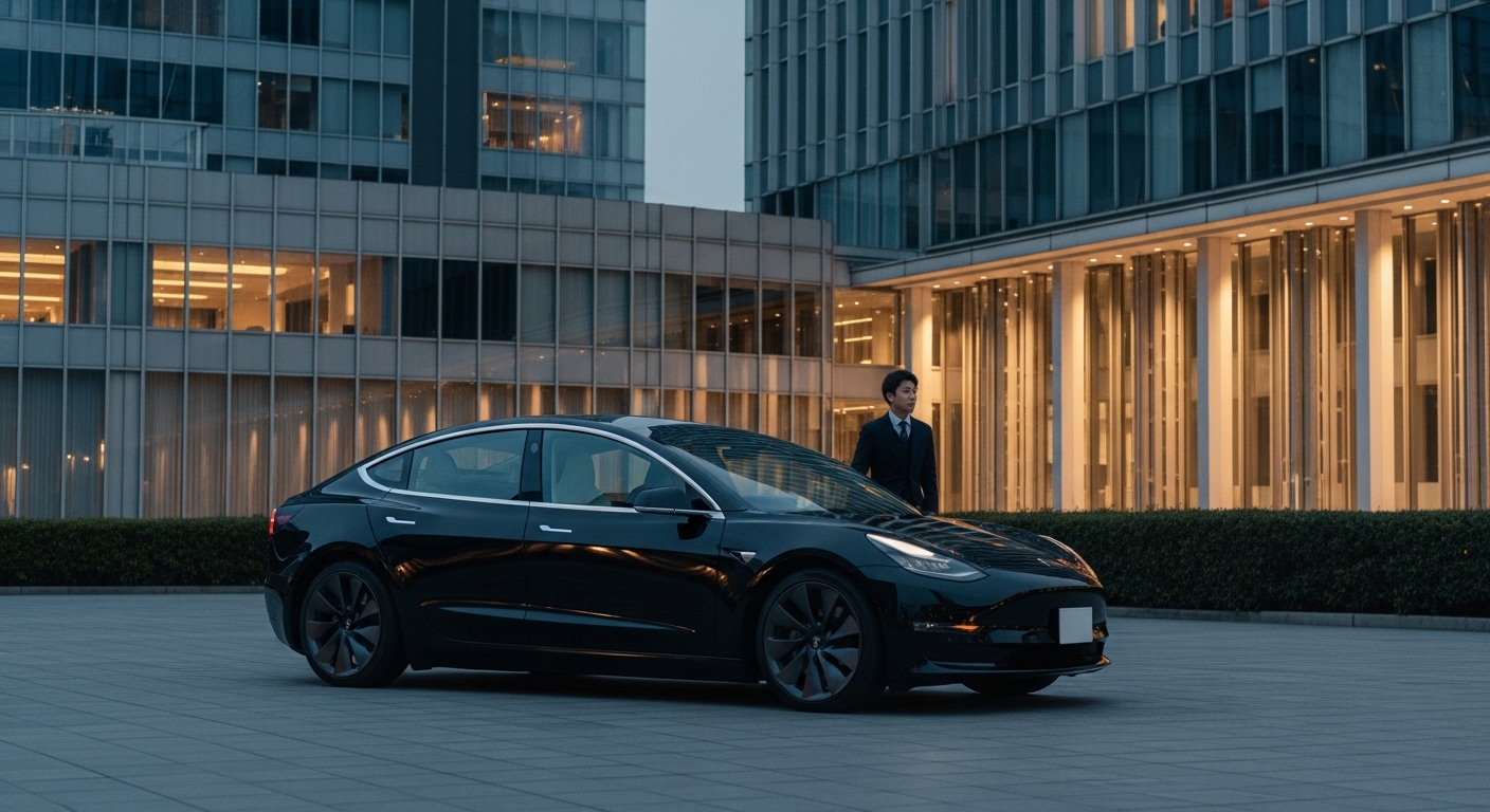 夕暮れの虎ノ門ヒルズの前に静かに停車するモデル3