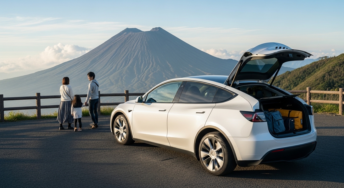 阿蘇の絶景を背景に、家族旅行を楽しむテスラ モデルY