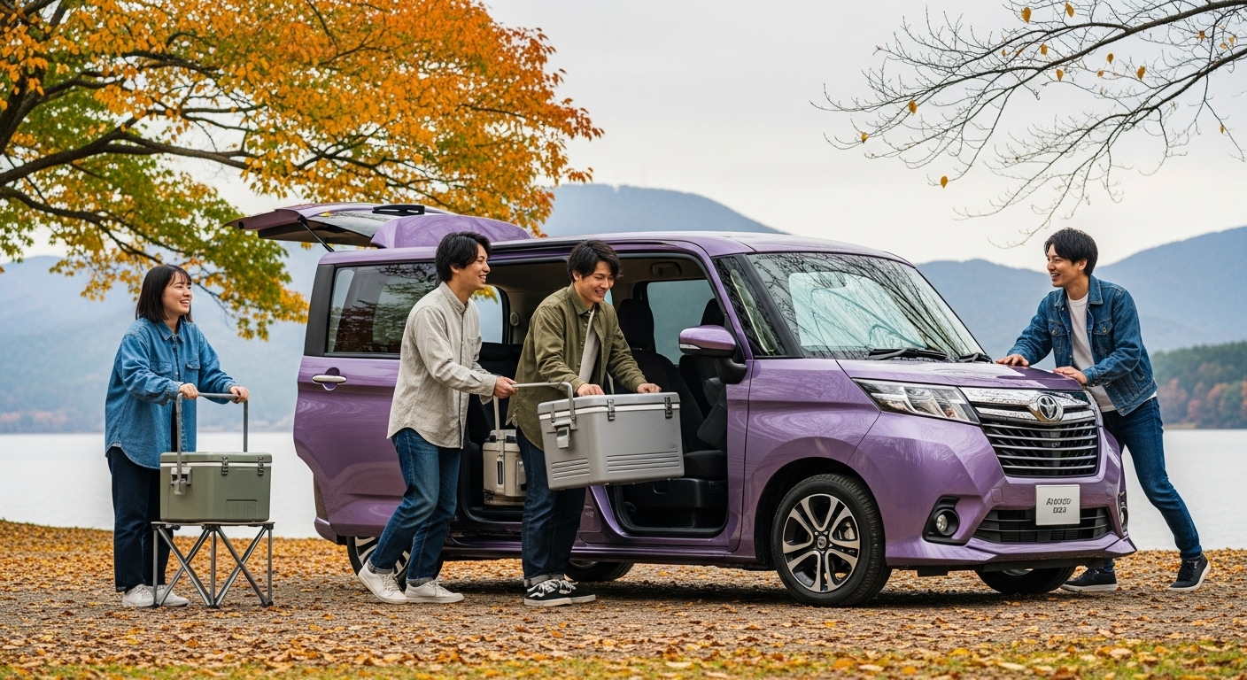 湖畔でキャンプ準備をする友人グループとルーミー