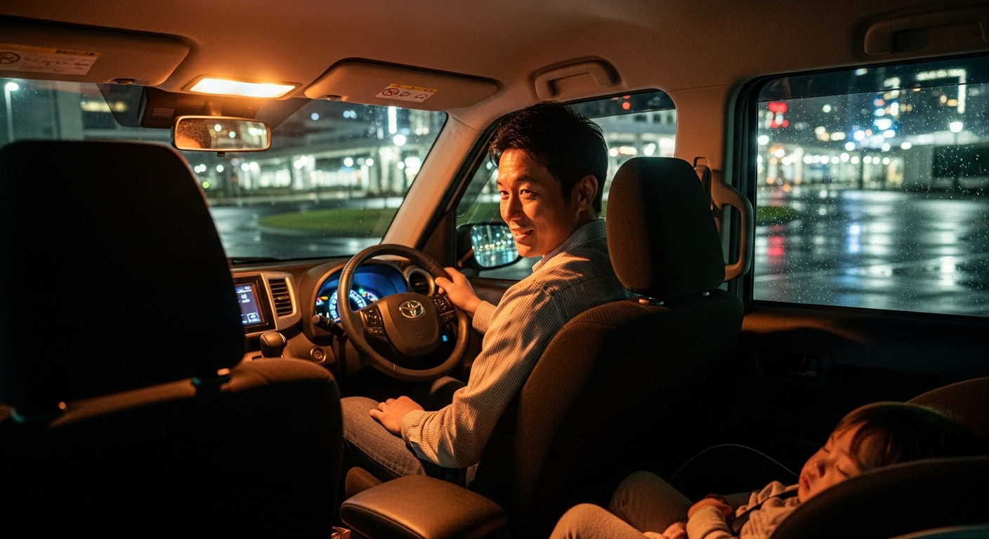 夜の駅で、車内で眠る子供を見守る父親とルーミー